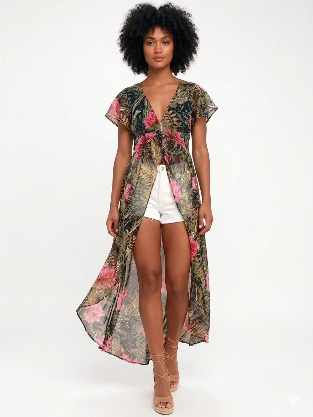 Lulu's Navy Floral V-Neck Blouse with Olive & Gold Leaf Print
